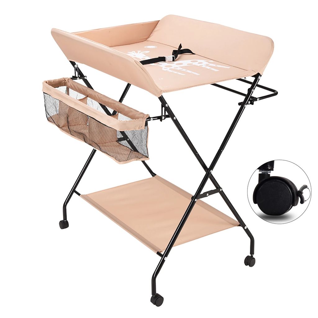 Wickeltisch, tragbares Design, Sicherheitsmerkmale, Khaki mit Rädern, 80x63x96cm