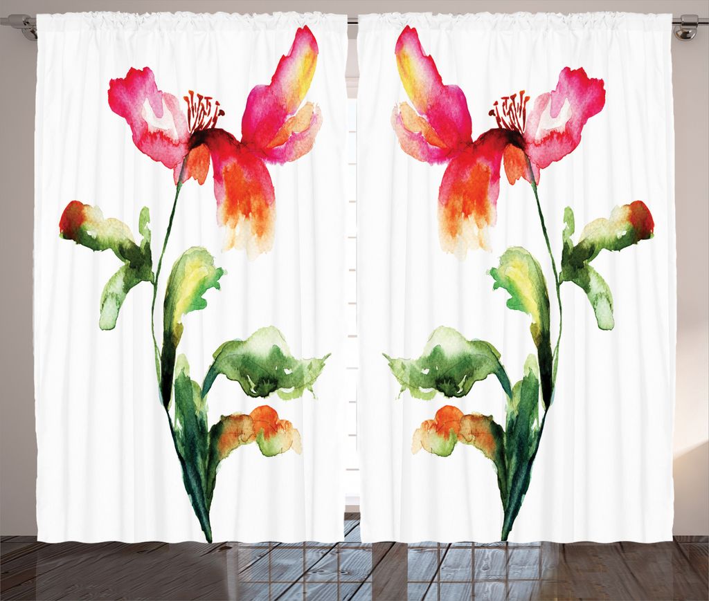 ABAKUHAUS Garten Rustikaler Vorhang, Blühender Mohn, Wohnzimmer Universalband Gardinen mit Schlaufen und Haken, 280 x 175 cm, Grün Weiß Rot