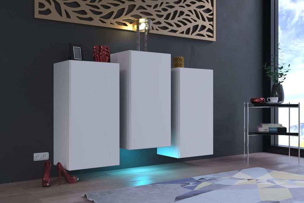 Furnitech K8 Modernes Wohnzimmer, Kommode, Schrank, Sideboard, Schlafzimmer, Esszimmer, Wohnzimmermöbel Matt (LED blau, K8-18M-W2)