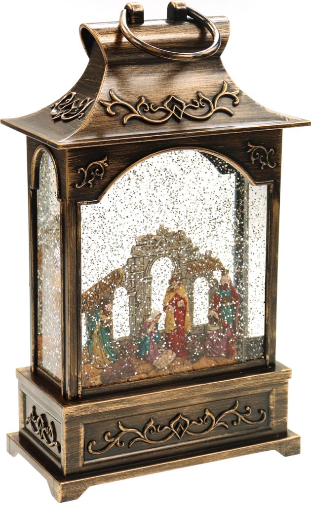 Schneekugel/Weihnachtsdeko mit Krippenspiel, Licht & Schneeantrieb H.: 28cm