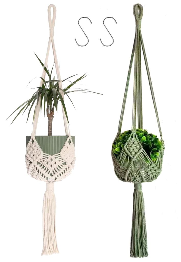 Makramee-Hängepflanzgefäß, 2er-Set, Boho-Blumendekoration, 89 cm, beige/grün