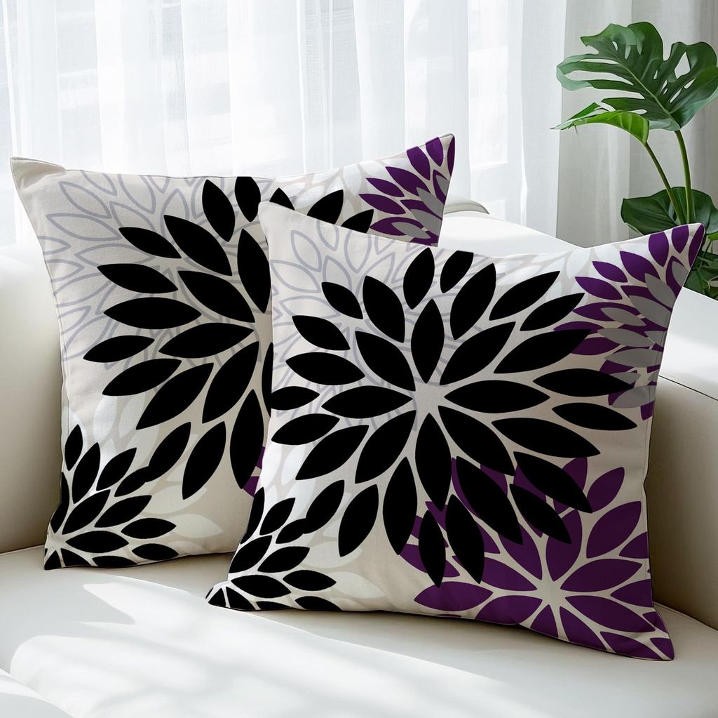 Set mit 2 Kissenbezügen 45x45 cm Moderne Dekokissen mit Blumenmuster, beidseitig bedruckt, schwarz-lila, Sofakissen, Dahlien-Motiv, Outdoor-Kissen...
