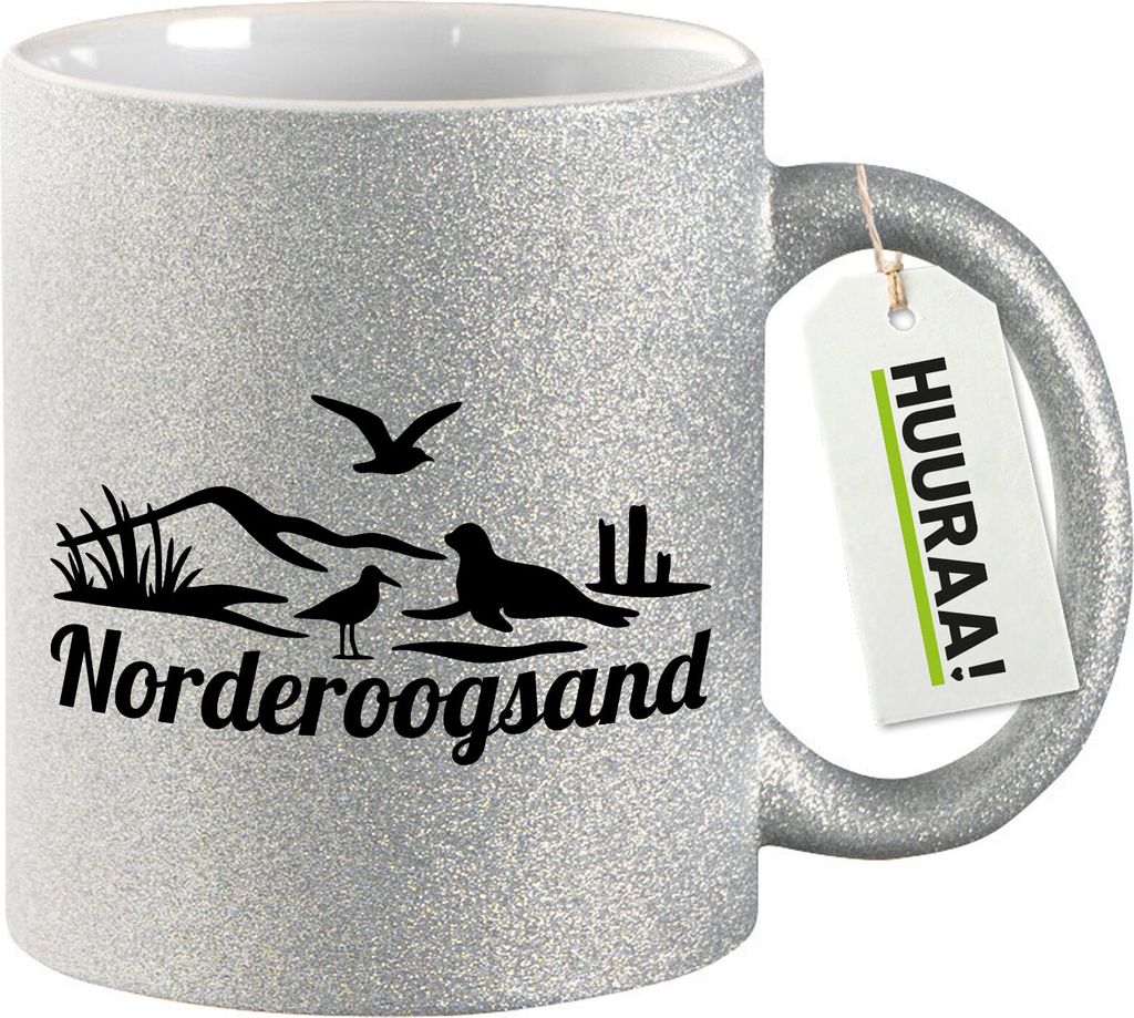 Huuraa Glitzertasse Norderoogsand Strandmotiv 330ml Silber Keramik Kaffeebecher Geschenkidee