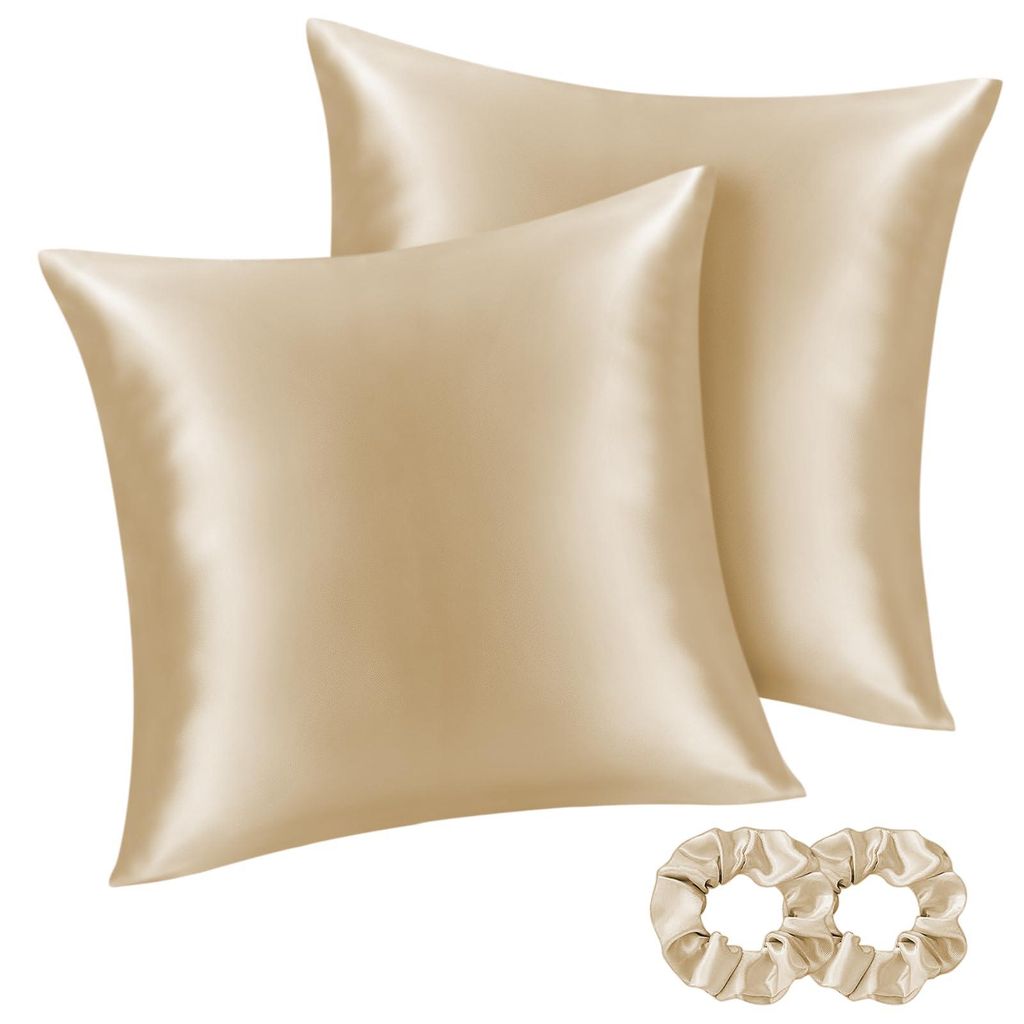 Satin-Kissenbezug 80x80 cm Gold Beige - Set mit 2 Kissenbezügen, seidig weich, 80 x 80 cm sommerliche Kissenbezüge mit 2 Haargummis für Haar und...