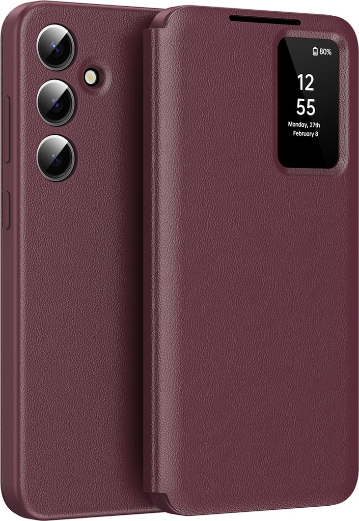 A red flip case for a Samsung Galaxy S24+ phone is shown, with the smart view window displaying the time and date.