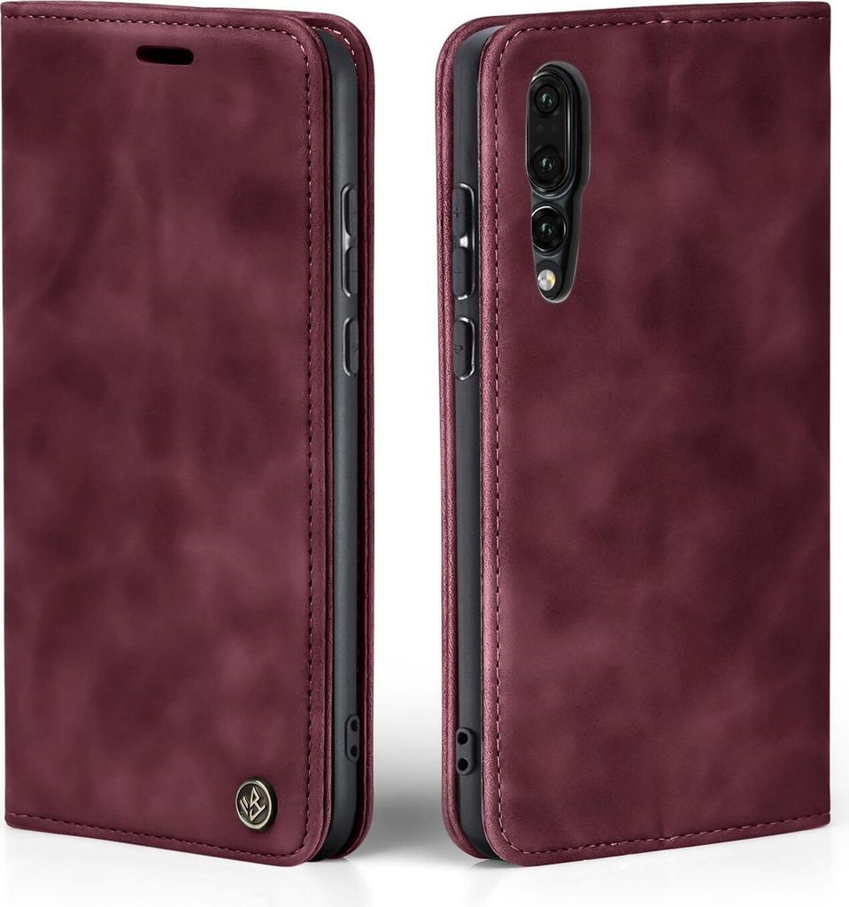 A burgundy flip case for a smartphone is shown from the side and front.