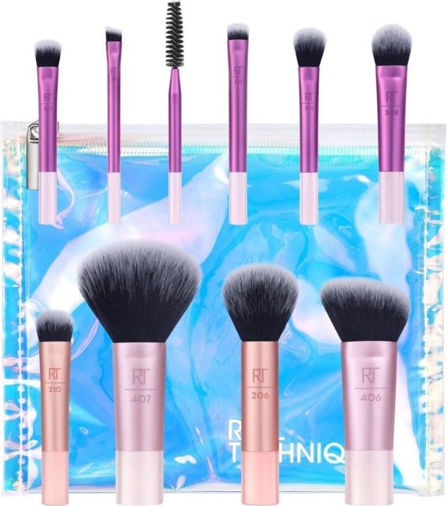 A set of makeup brushes and a cosmetic bag.