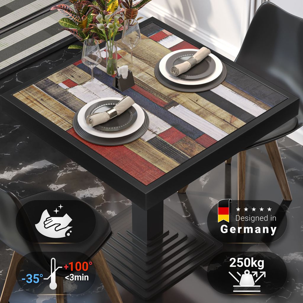 BRASIL | Gastro Tischplatte | B:T 70 x 70 cm | Vintage Bunt | Schwarzer Metall Rand | Quadratisch | Gastro Tischplatte