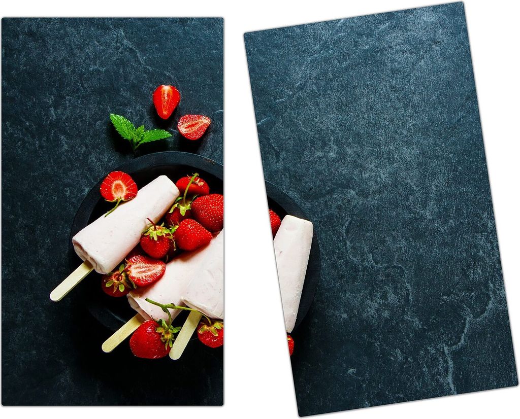 Spritzschutz Herdabdeckplatte Schneidebrett aus Glas Erdbeerjoghurt gefroren 2-Teilig (60x52cm)
