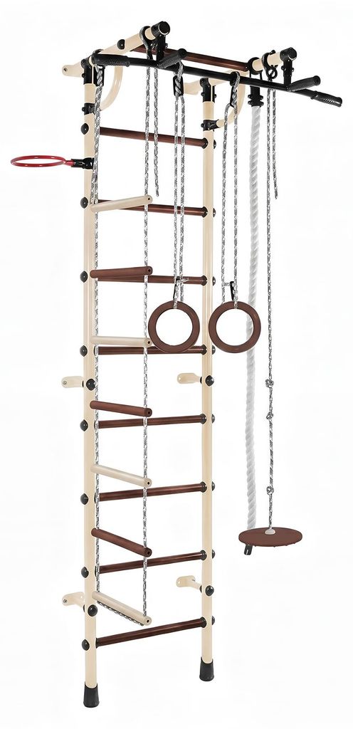 Sprossenwand für Kinder Indoor Klettergerüst aus Metall mit Strickleiter und Gymnastikräder – Gamma Plus, beige