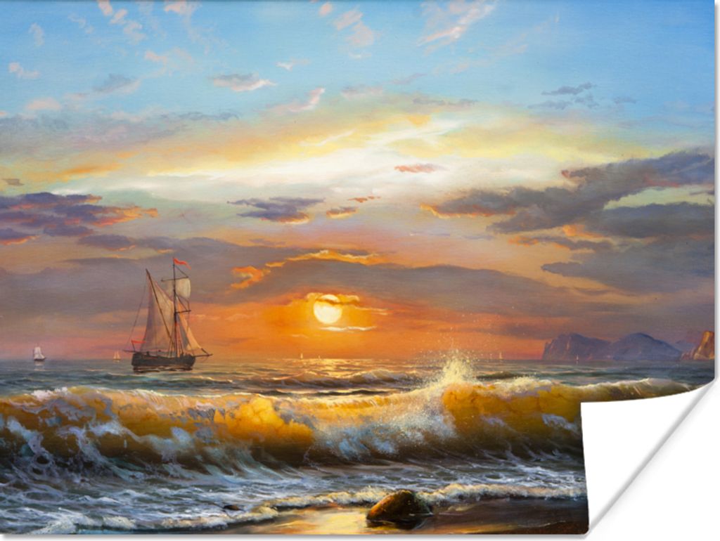 MuchoWow Poster Malerei - Wasser - Segelboot - Ölfarbe 160x120 cm - Foto Plakat