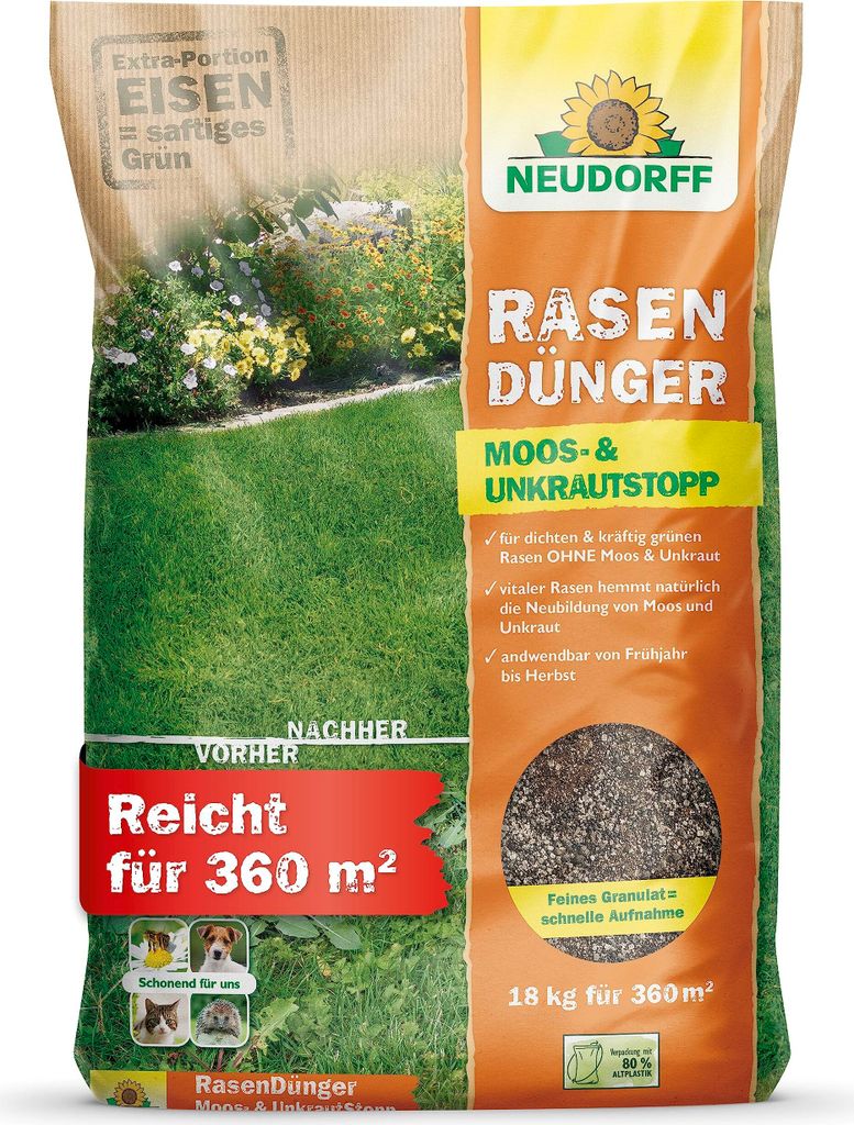 Rasendünger Moos und Unkrautstopp extra Eisen 18 kg reicht für 360 m2 dichten grünen Rasen