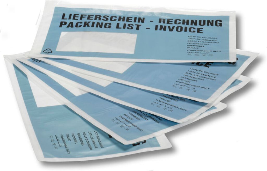 100 Lieferscheintaschen / DIN lang / "Lieferschein-Rechnung" / Farbe: hellblau