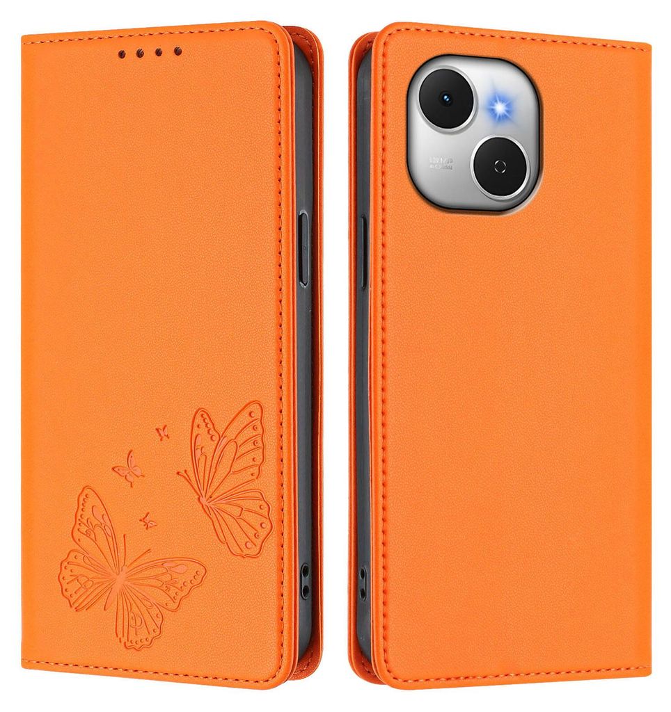 Lederhülle für Tecno Spark 40C, Schmetterling Prägung Leder Brieftasche Schutzhülle mit Ständer Orange