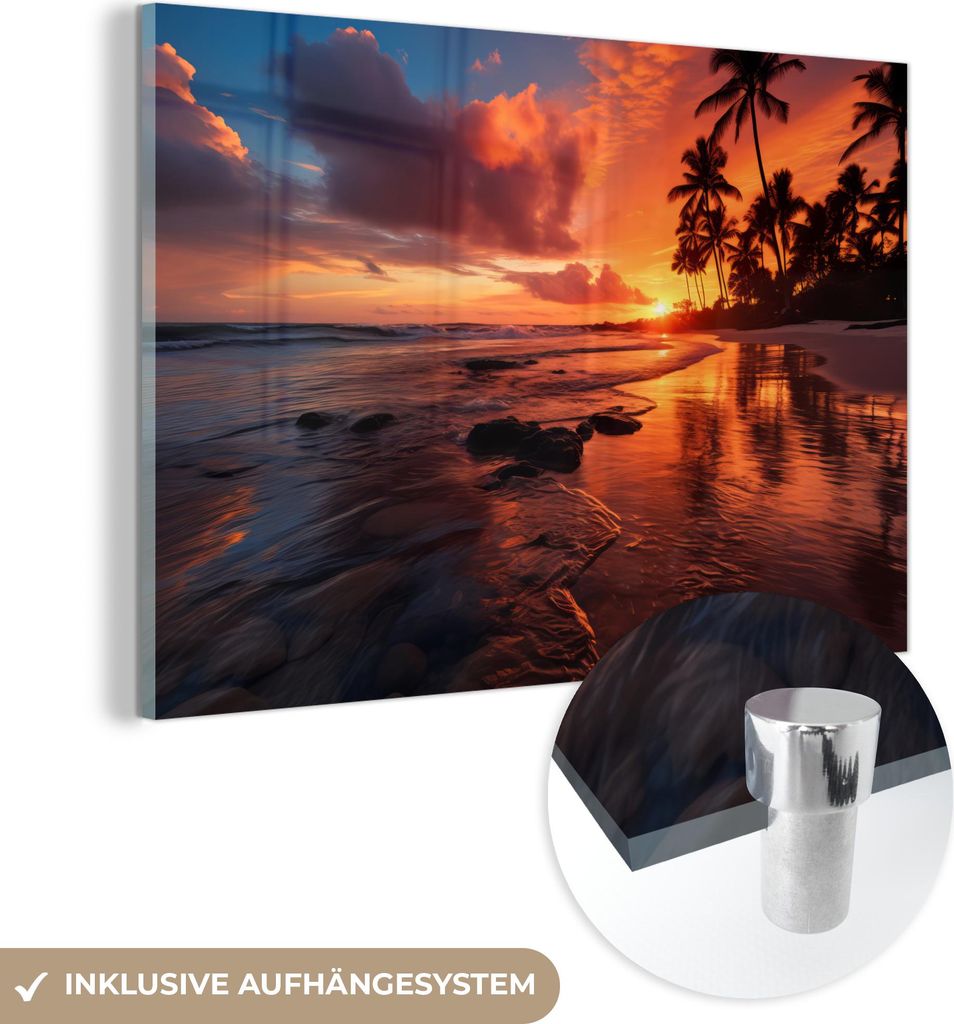 MuchoWow Glasbilder - Bilder auf Wandbild - Foto auf Glas Sonnenuntergang - Palmen - Strand - Meer - Horizont 90x60 cm Wanddekoration aus Glas - Ac...