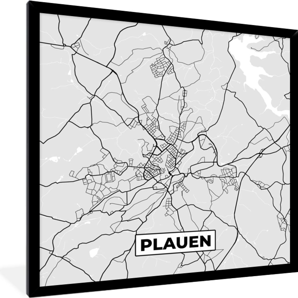 MuchoWow Gerahmtes Poster Karte - Stadtplan - Deutschland - Plauen - Karte 40x40 cm - Poster mit Schwarzem Bilderrahmen Wandposter Rahmen Foto Bi...