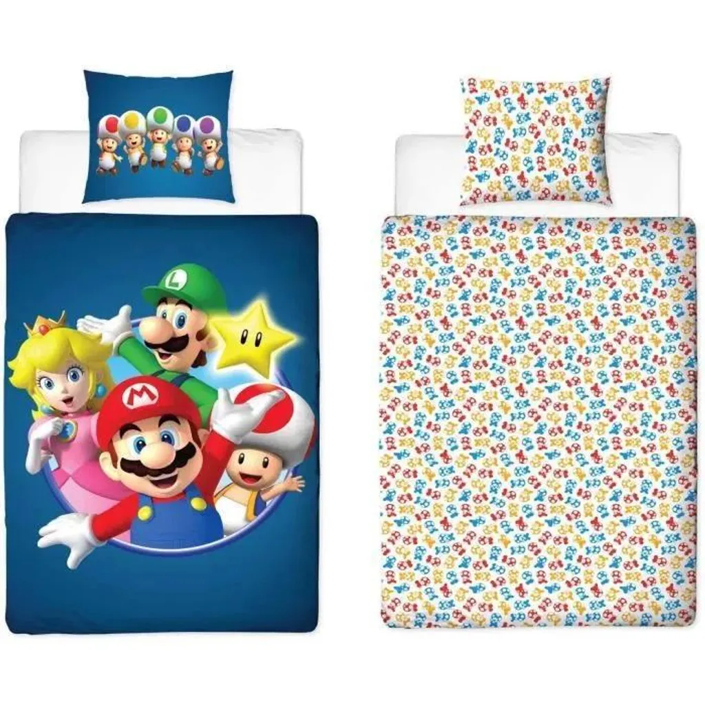 Parure de lit Mario Bros réversible 140x200 cm avec Mario et ses amis