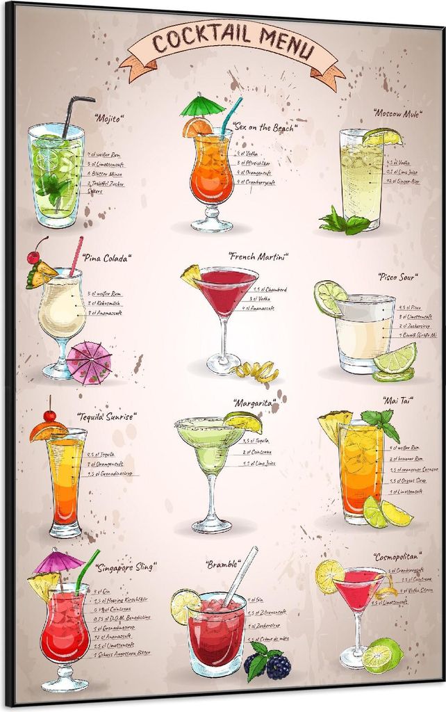 Wallario Wandbild Cocktail-Menü, Größe: 61 x 91,50 cm, Poster mit schwarzem Aluminiumrahmen