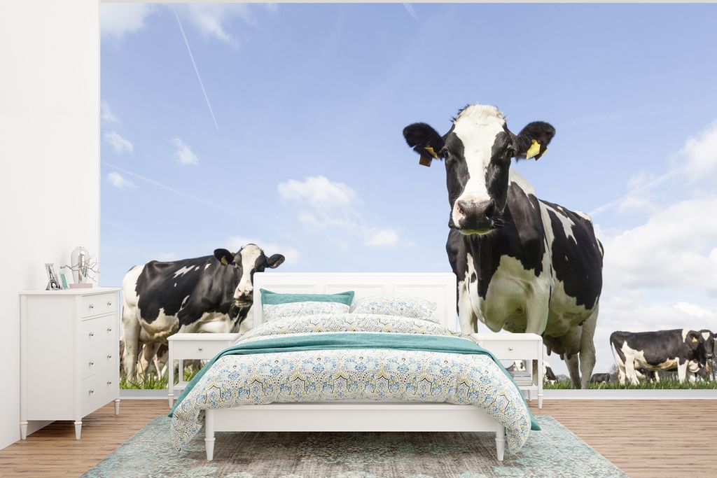 MuchoWow Fototapete für Wohnzimmer oder Schlafzimmer Wandtapete Vinyl Motivtapete Kühe - Gras - Tiere - Sonne - Bauernhof - 295x220 cm - Wand T...