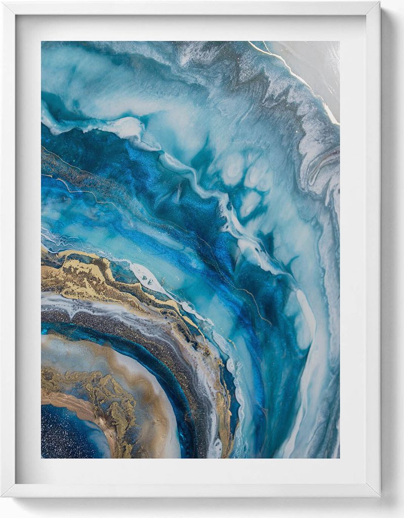Blauer Marmor Abstraktion– Wandbild mit Rahmen – Gerahmtes Bild – Wanddekoration – 60x80 cm – Weiß Rahmen