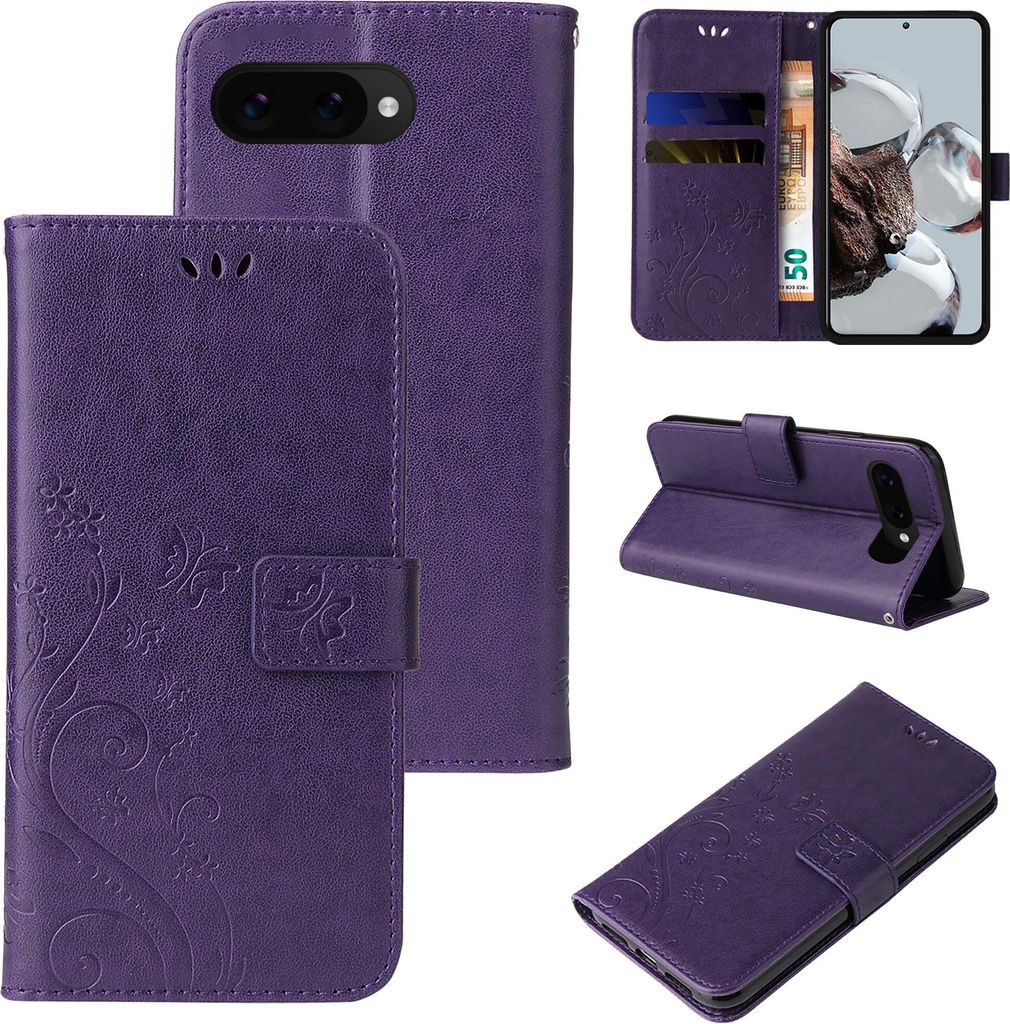 Handyhülle für Google Pixel 9a Floral Blumen Schmetterling Flip Cover Hülle Case Klapphülle Handytasche Farbe: Violett