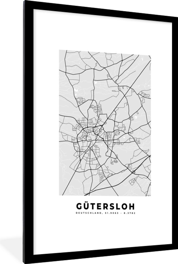 MuchoWow Gerahmtes Poster Deutschland - Karte - Gütersloh - Karte - Stadtplan 60x90 cm - Poster mit Schwarzem Bilderrahmen Wandposter Rahmen Fot...