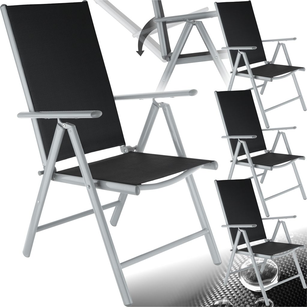 A collage of images showing a black folding garden chair with a silver frame from different angles and perspectives.