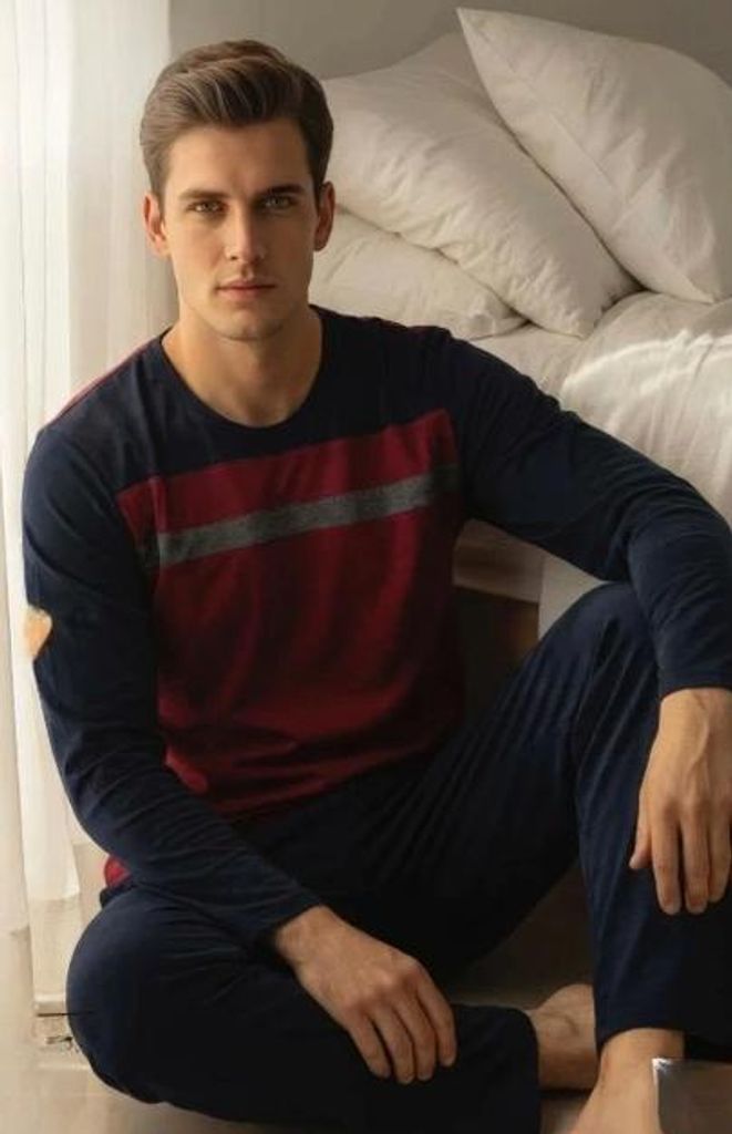 Herren Pyjama Schlafanzug Marineblau L Baumwolle Lang M-75 Produktbild 