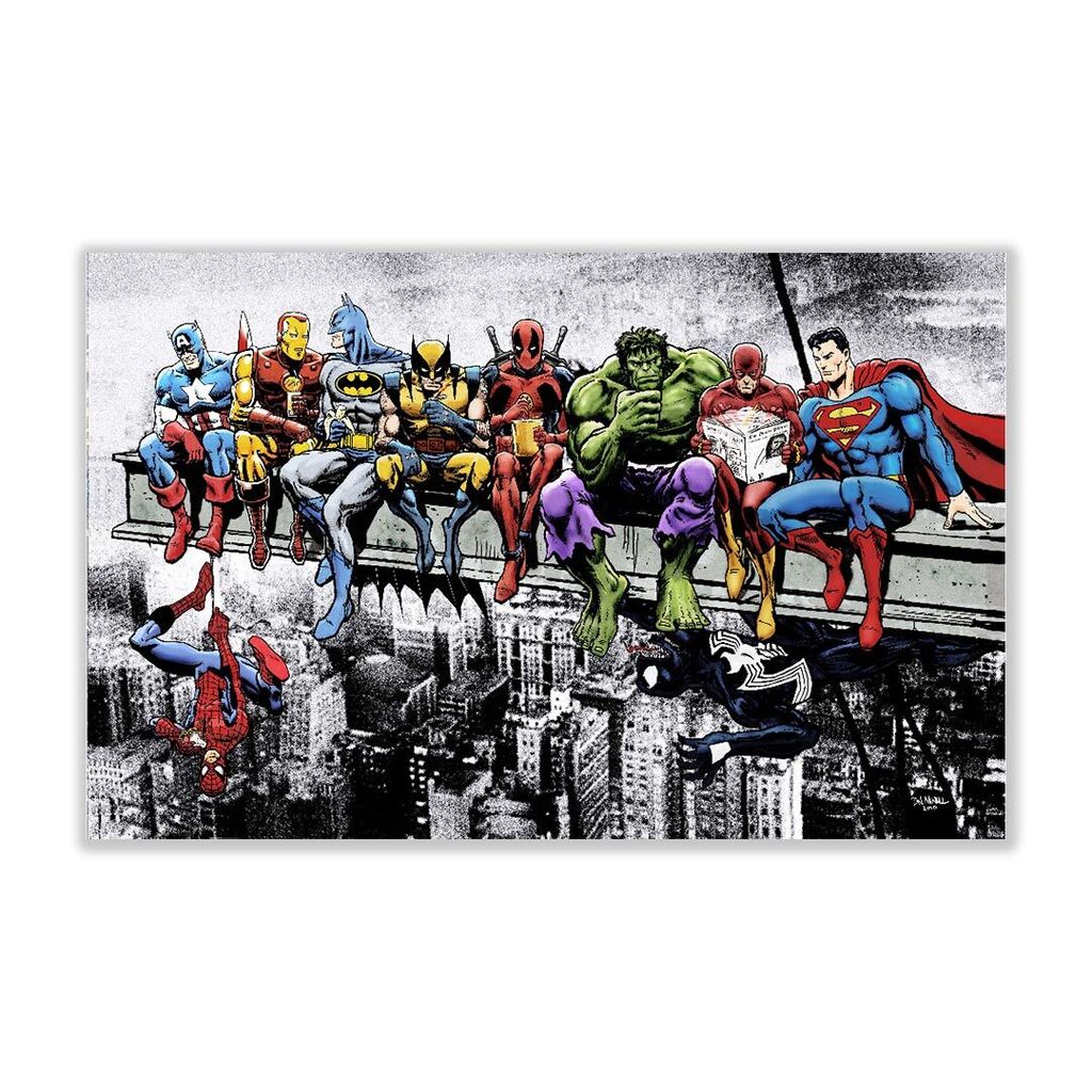 A group of superheroes are sitting on a steel beam high above a city.