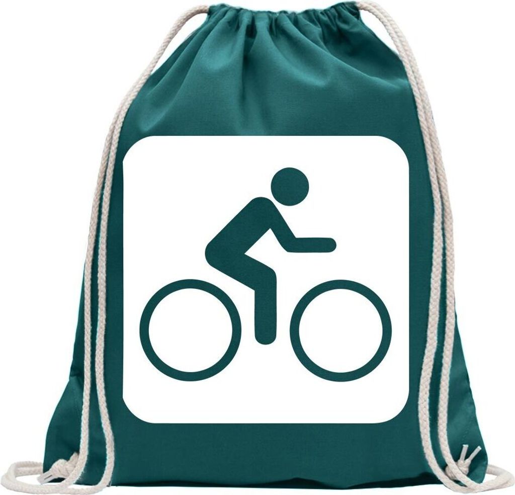Kiwistar - Turnbeutel - petrol - Radwanderweg Bike Piktogramme - Fun Rucksack Sport Beutel Gymsack Baumwolle mit Ziehgurt