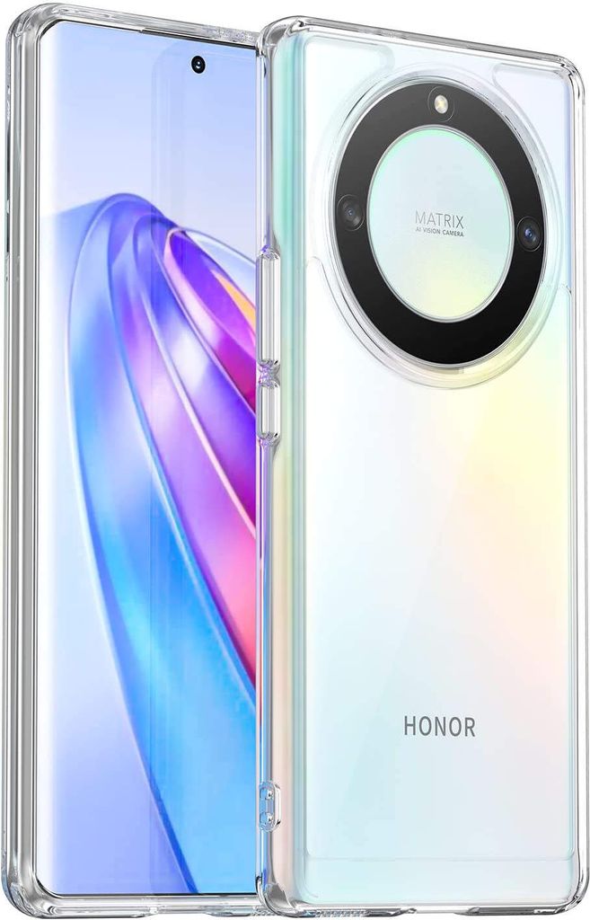 A clear protective case for a smartphone, showing the back of the phone with its camera module and brand name.