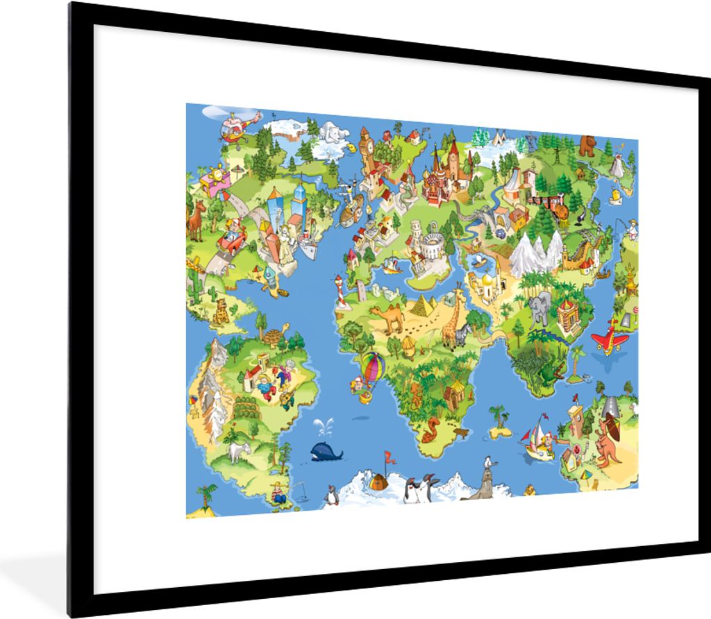 MuchoWow Gerahmtes Poster Weltkarte - Kinder - Natur - Tiere - Blau - Grün 80x60 cm - Poster mit Schwarzem Bilderrahmen Wandposter Rahmen Foto B...