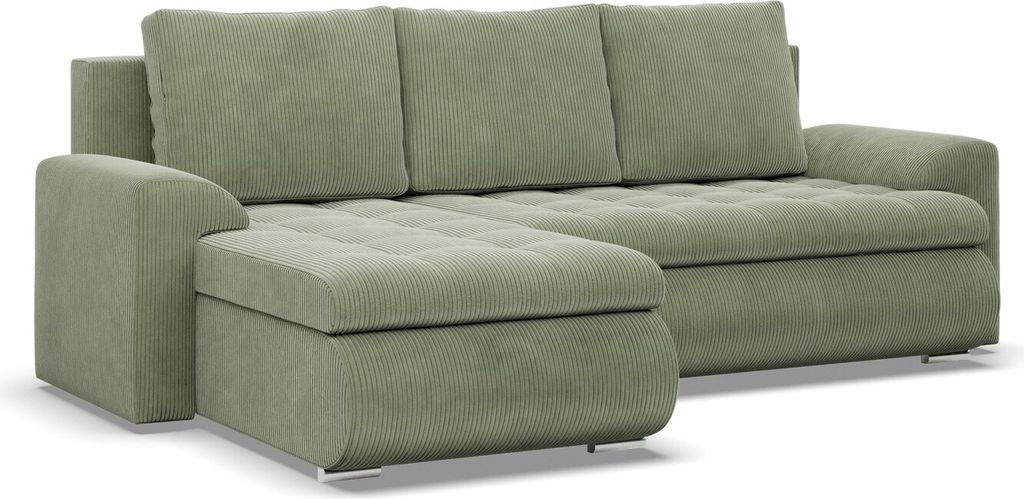 A green sectional sofa with a chaise lounge is shown against a white background.