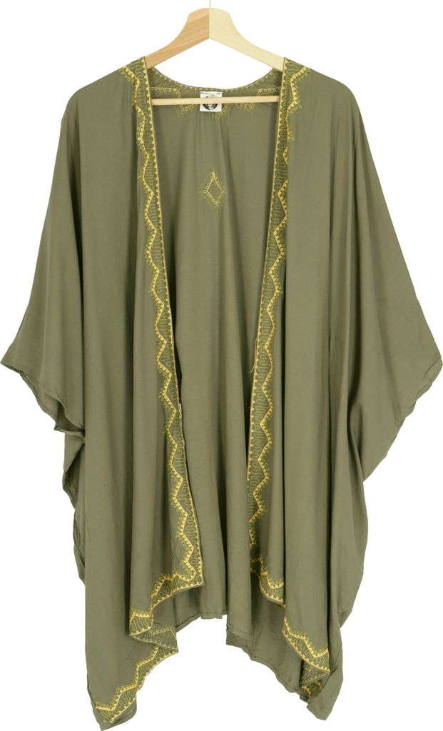 Kurzer Bestickter Sommer Kimono, Kaftan, Strandkleid - Olive, Damen, Grün, Viskose, Blusen & Tunikas