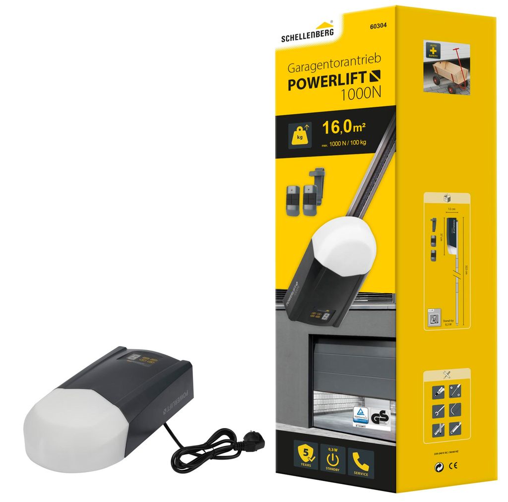 Schellenberg Garagentorantrieb Powerlift 1000 N, Zugkraft 1000 N, max. Torfläche 16 m², Garagentorantrieb mit Fernbedienung, 60304
