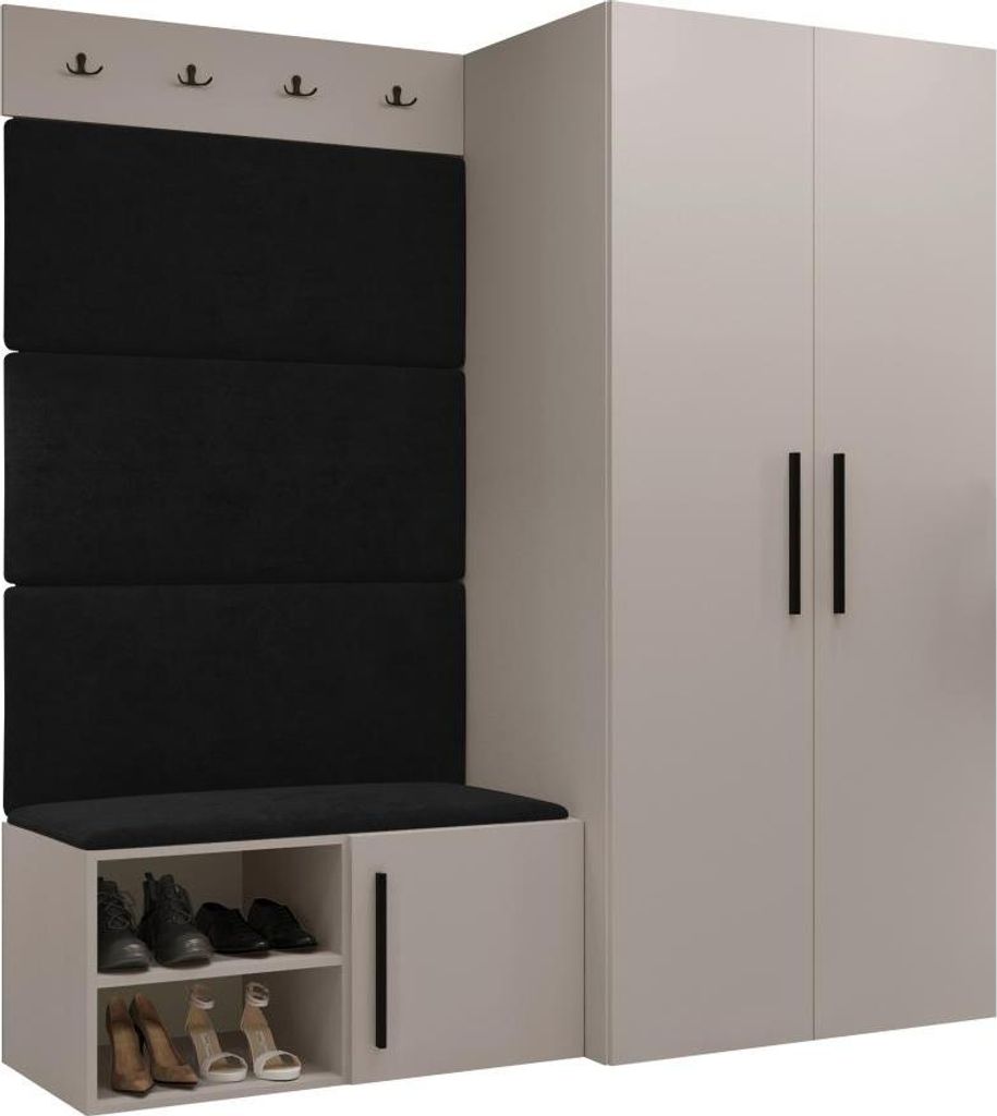 MIRJAN24 Garderoben-Set Medi I, Schuhschrank, Kleiderhakenbrett, 4x Paneel 84x42, 4 Kleiderhaken (Farbe: Cashmere, Manila 18)