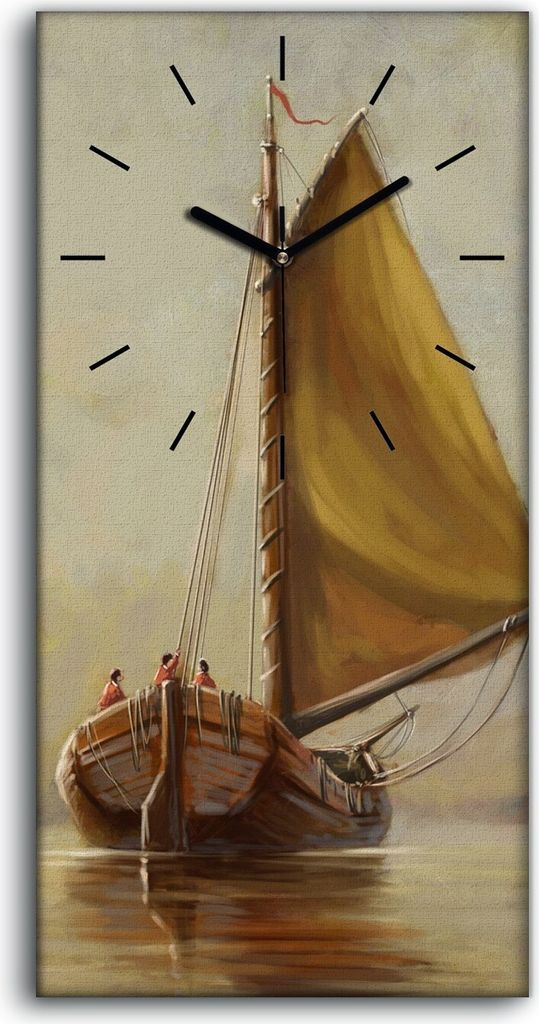 Leinwand Wanduhr Wandkunst Uhr Geräuschlos Kunstdruck 30x60 Boot Meer Sonne - schwarze Hände
