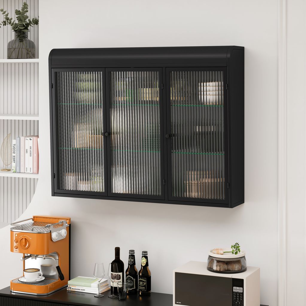 STILVORA Hängeschrank mit 3 Glastüren,gewölbte Wandvitrinen mit Lagerregale,Wandschrank für Küche,Wohnzimmer und Badezimmer,Schwarz