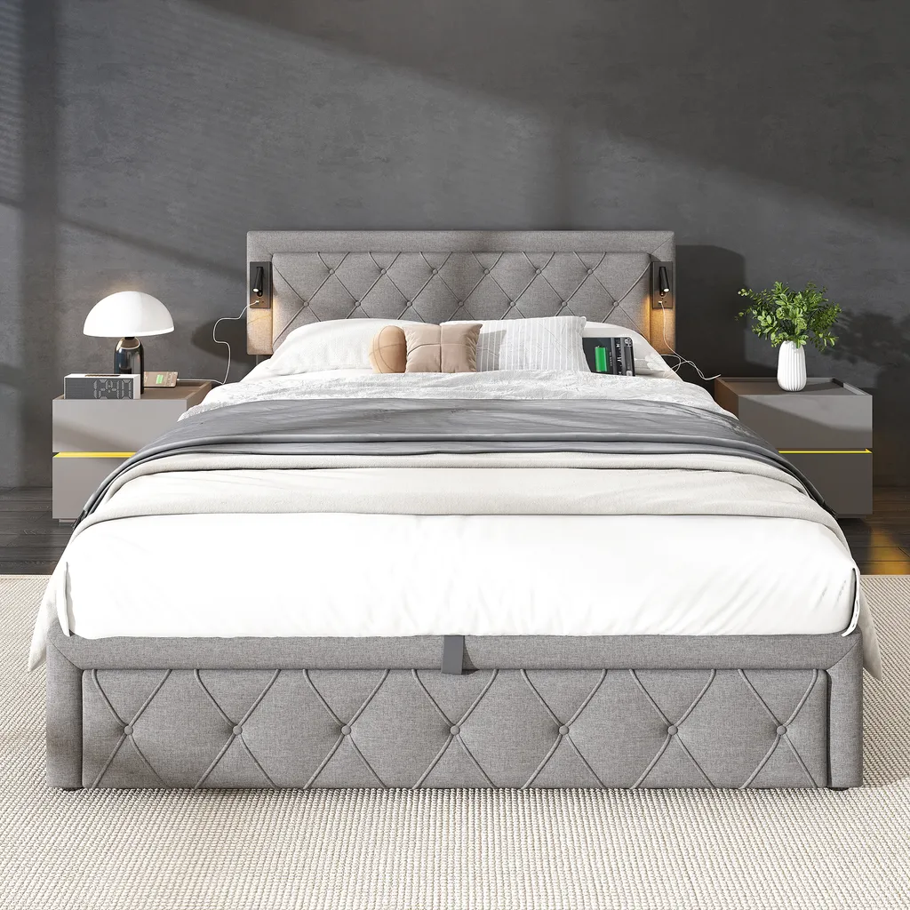 Lit ado 160x200 cm avec rangement hydraulique et chargeur USB intégré gris