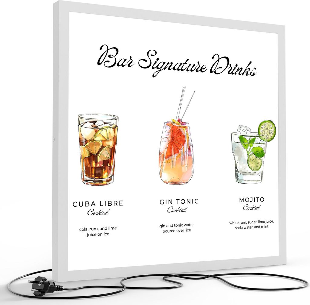 DEQORI LED-Bild & Lampe 60x60 cm Weiß 'Cocktailmomente' Leuchtbild LED Wandbild Leuchte