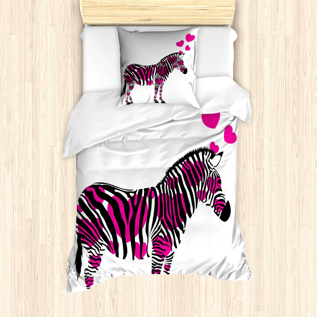 ABAKUHAUS Set copripiumino rosa zebrato per letti singoli, animale romantico, antiacaro, adatto a chi soffre di allergie, con federa, 135 cm x 200 cm - 80 x 80 cm, nero bianco rosa