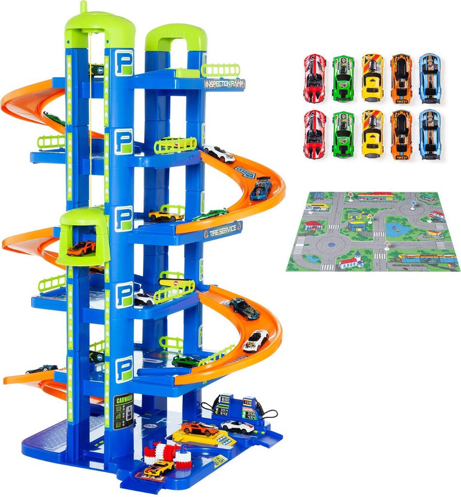 6-stöckiges Spielzeug-Parkhaus Blau + 10 Autos + Spielmatte