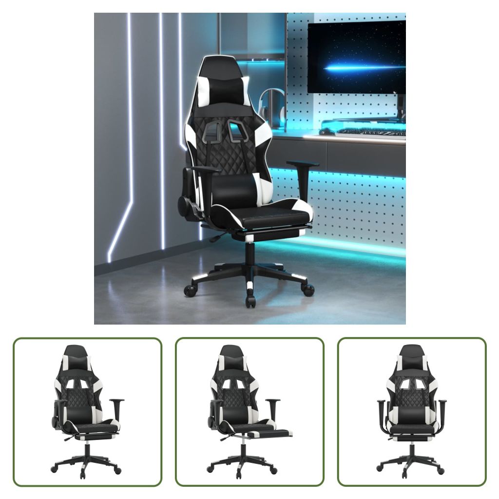 The Living Store Gaming-Stuhl mit Massage & Fußstütze Schwarz & Weiß Kunstleder