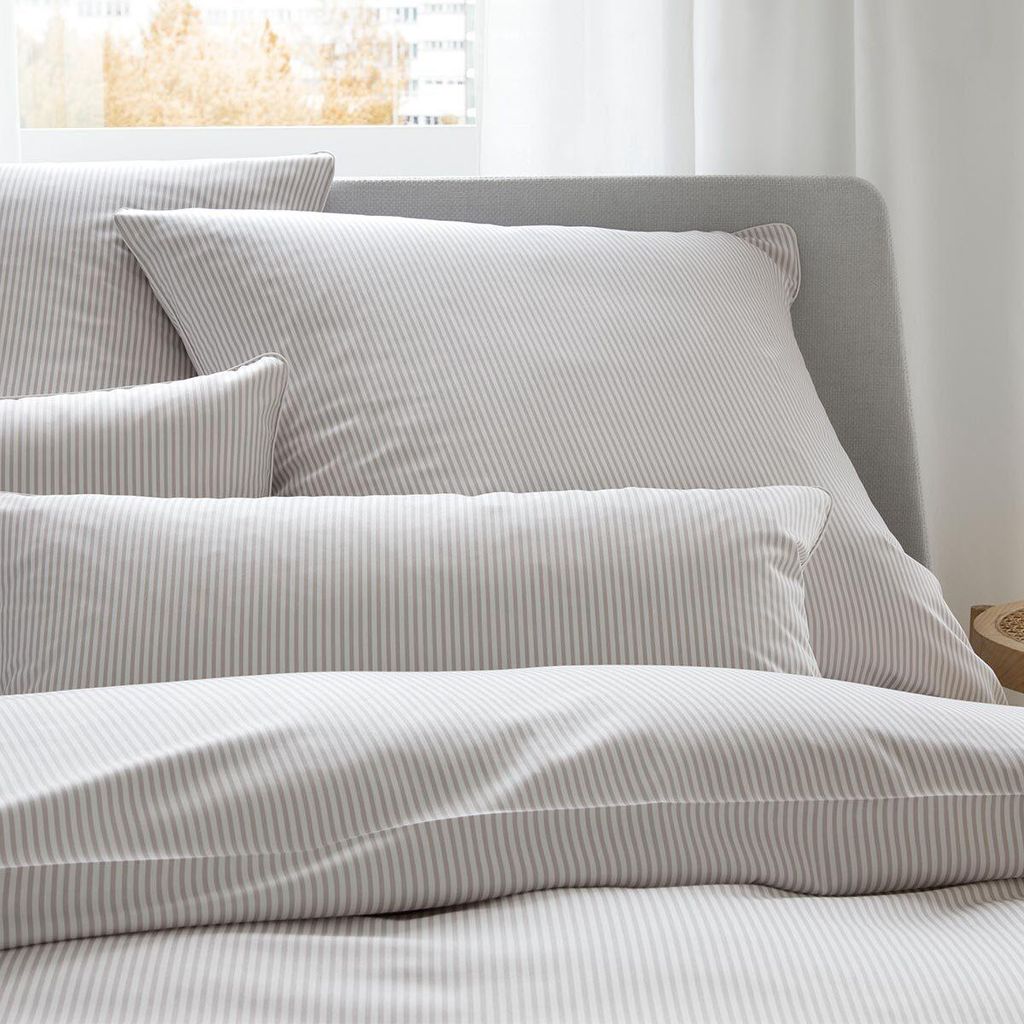 elegante Mako-Satin Bettwäsche-Garnitur Hamburger Streifen Farbe Sand Größe 240x220cm+2x40x80