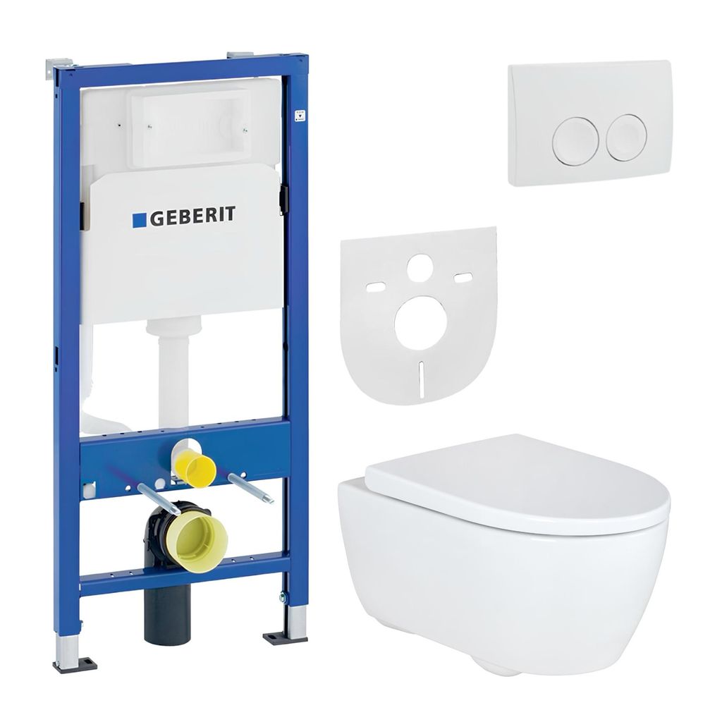 Geberit iCon WC Komplettset Wand-WC spülrandlos mit UP100 Vorwandelement Spülkasten Duroplast Sitz Betätigungsplatte Rimfree Schallschutz EasyMount