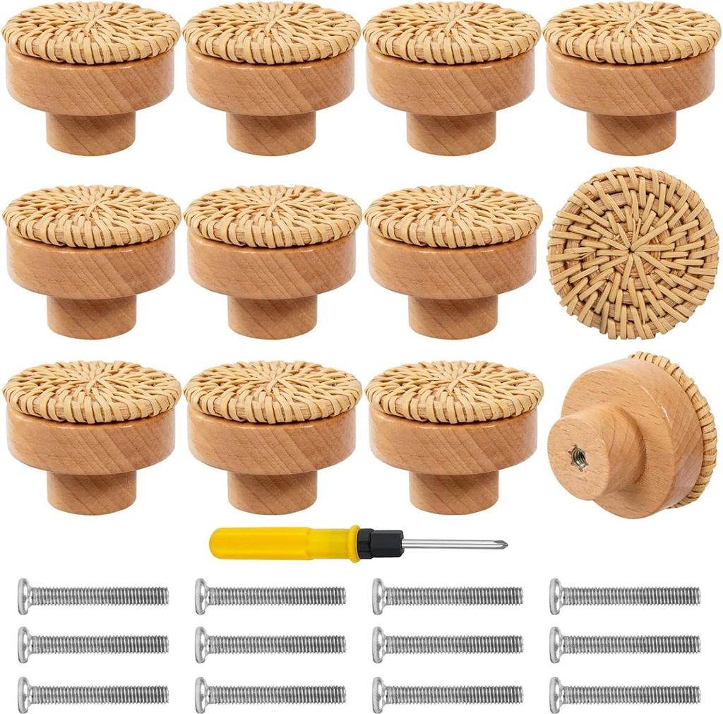 12 Stück Rattan Möbelknöpfe,Schrankknöpfe Boho Deko,Möbelknöpfe Holz Schubladengriff,Holzknöpfe Schrank,Schrankknöpfe fur Kinderzimmer,Vint...