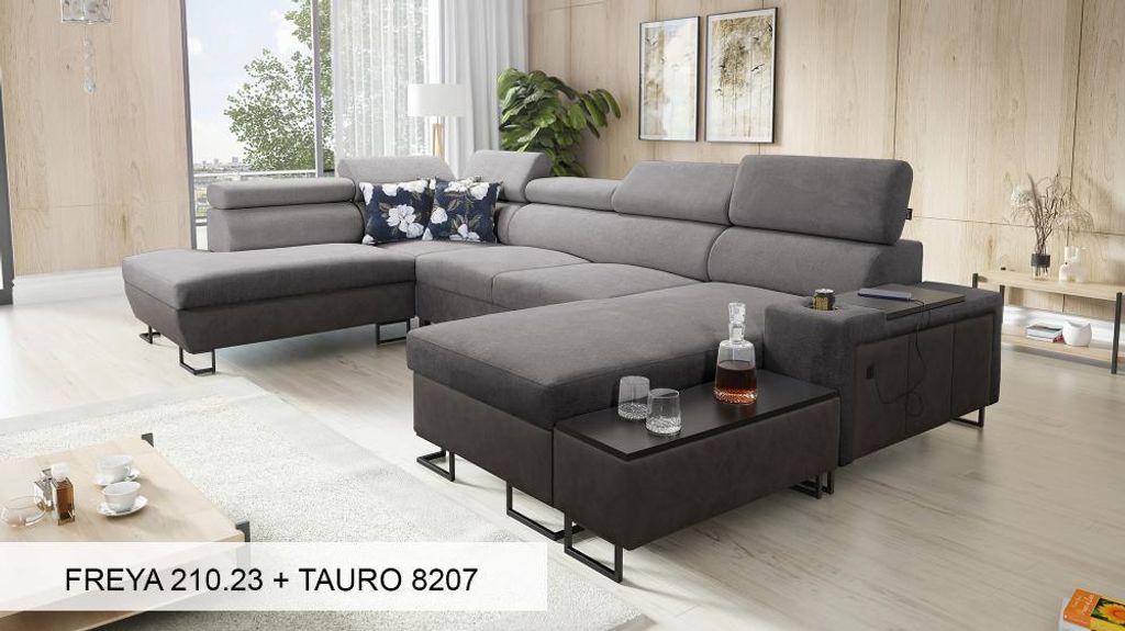 XXL Sofa Eckcouch U-Form MELODIE VI - GRAU FREYA 210.23 + TAURO 8207