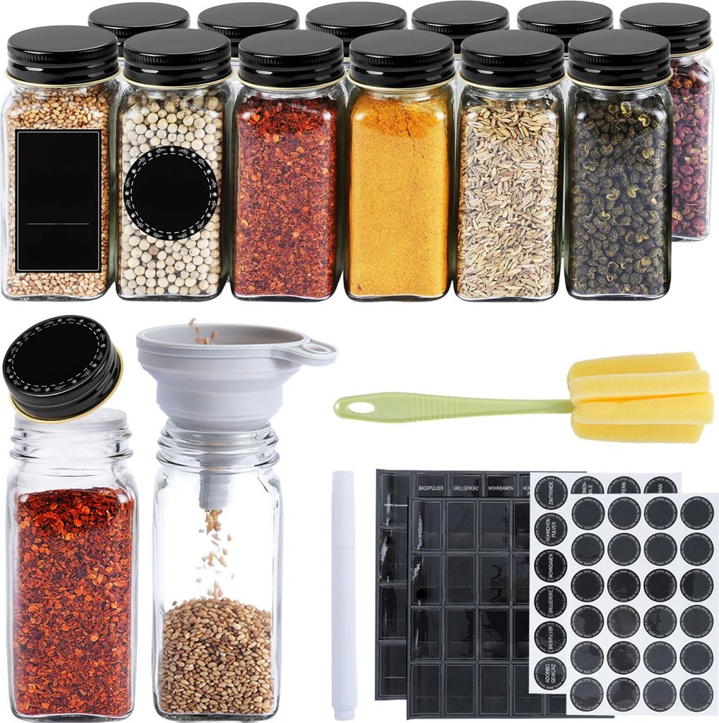 JOIEYOU Haushalt Gewürzgläser Set 12 Stück Gewürzstreuer mit Schwarzes Aluminium Deckel 120ml Gewürzbehälter mit Faltbare Trichter, Aufkleber...