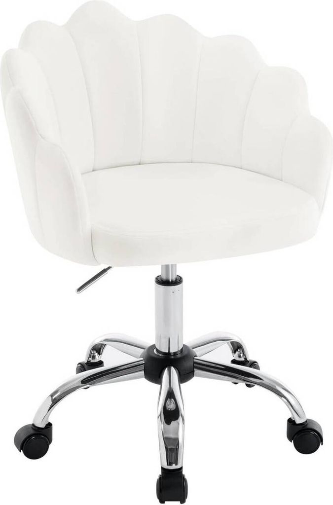 A white velvet office chair with a shell-shaped backrest is shown against a white background.