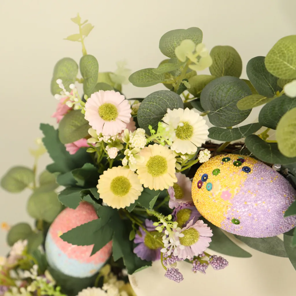 Couronne de Pâques Durable - Œufs Colorés et Plantes de Simulation - 6